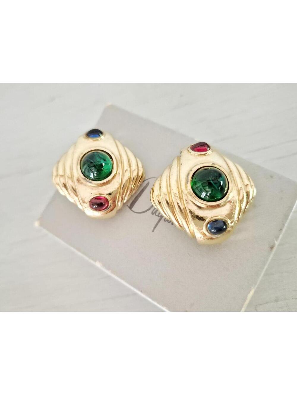 Vintage Ciner Designer Ribbed Mogul Multicolor Cabochon Clip On Earrings